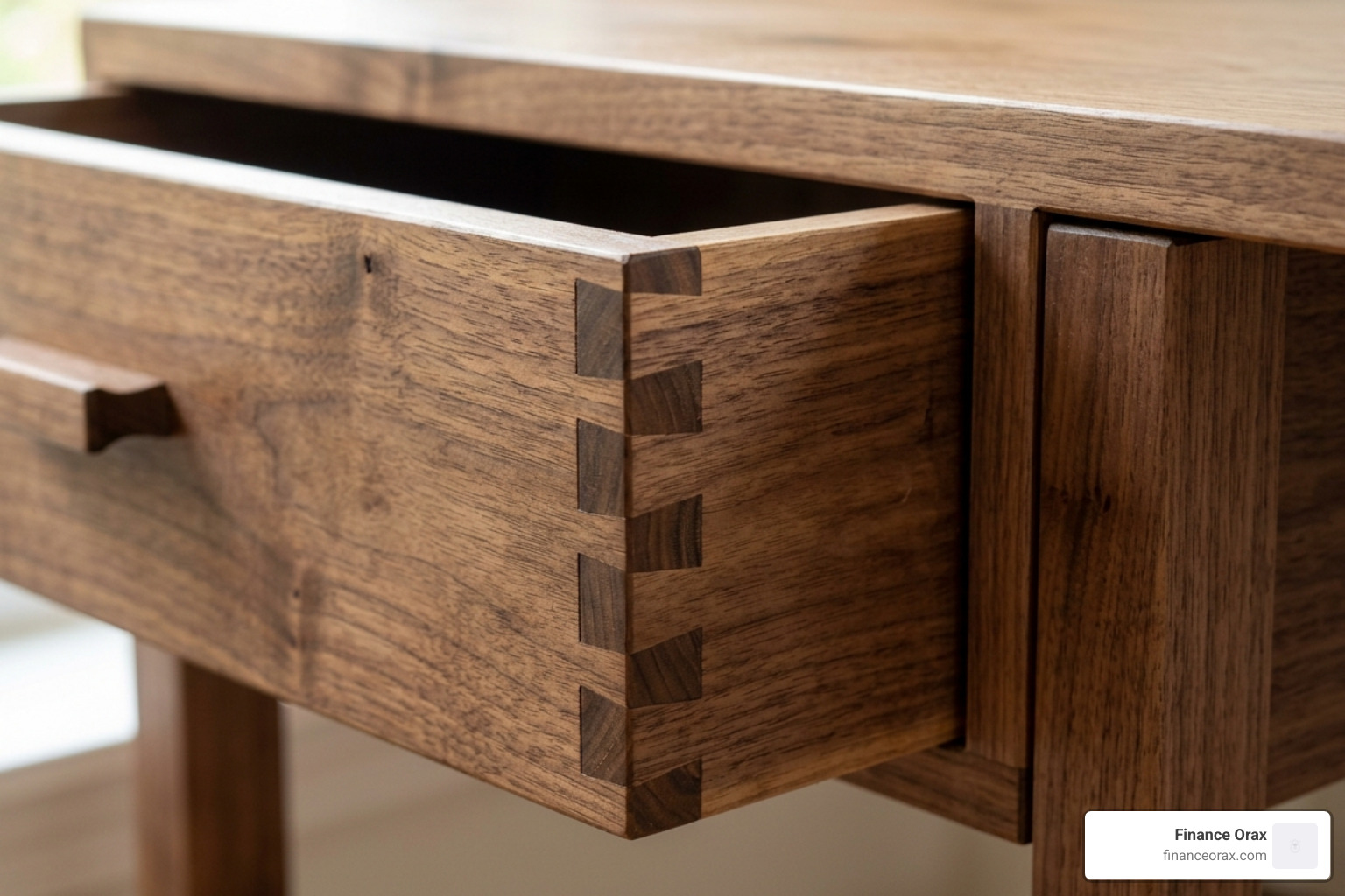 close-up of dovetail drawer joinery on a solid wood desk - solid wood desk with drawers