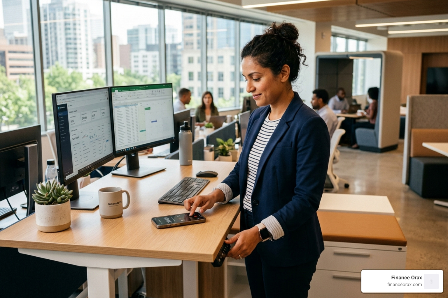 worker using a timer to switch positions at a standing desk - standing desk setup