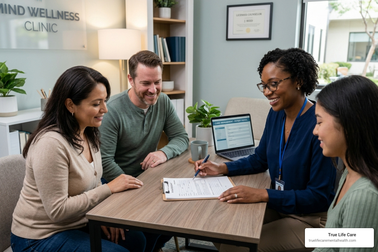 A professional intake coordinator helping a family with paperwork - short term residential mental health