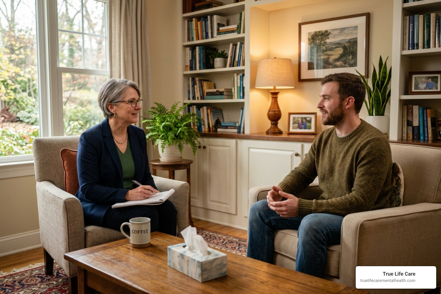 A patient in a calm discussion with a psychiatrist - short term residential mental health