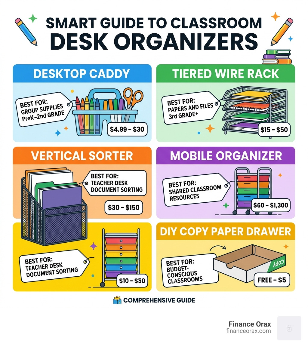 Infographic showing types of classroom desk organizers, grade level recommendations, and price ranges - classroom desk