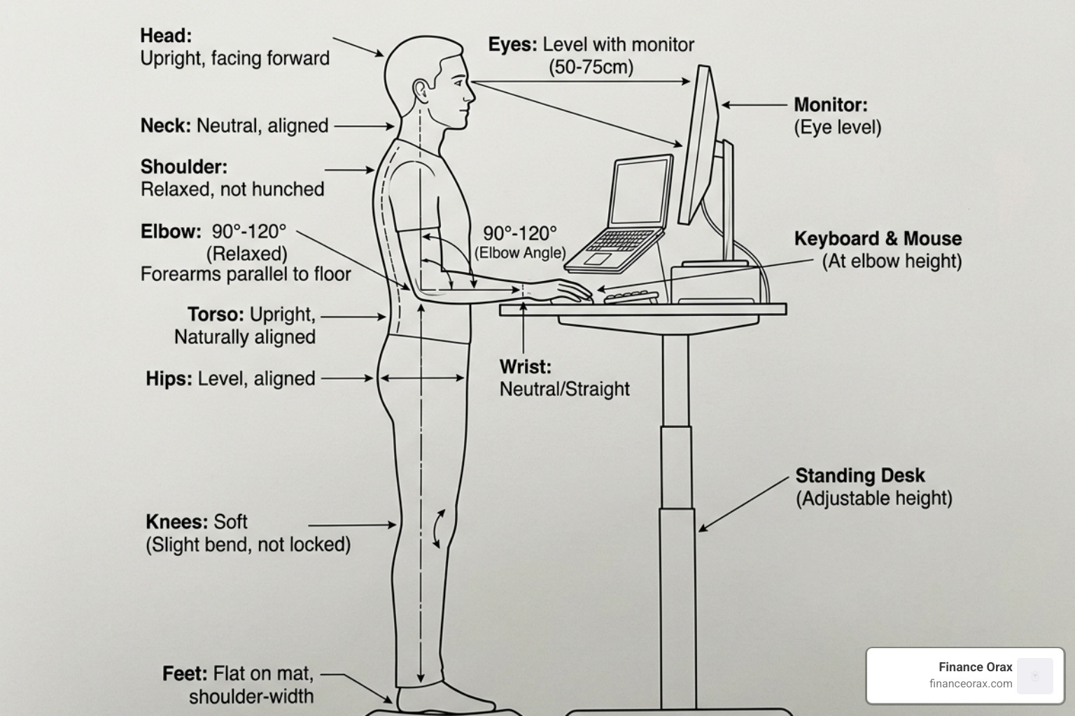 diagram showing correct standing posture and joint angles at a desk - standing desk setup