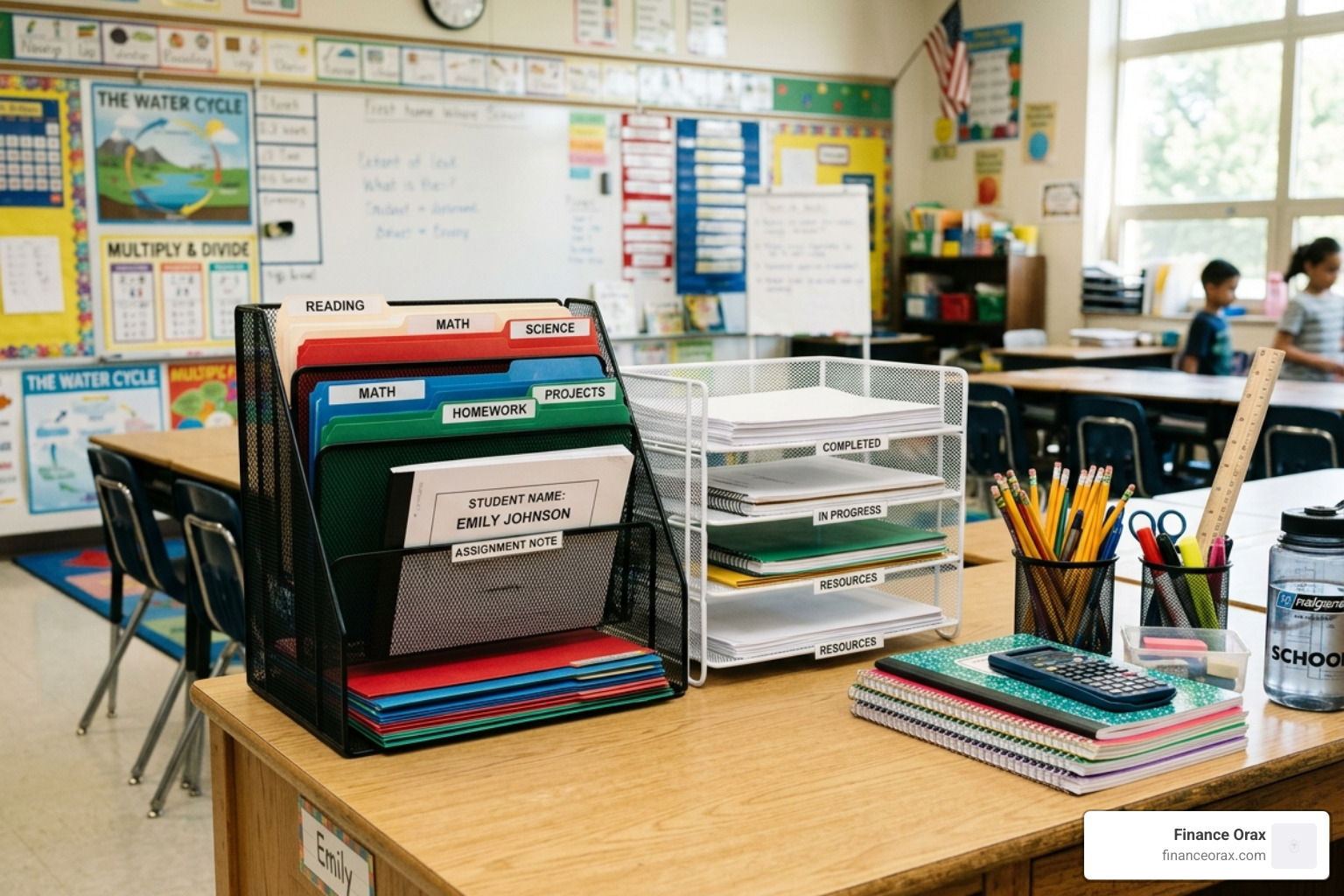 Multi-tier desktop sorters and wire racks on a clean classroom desk - classroom desk organizer
