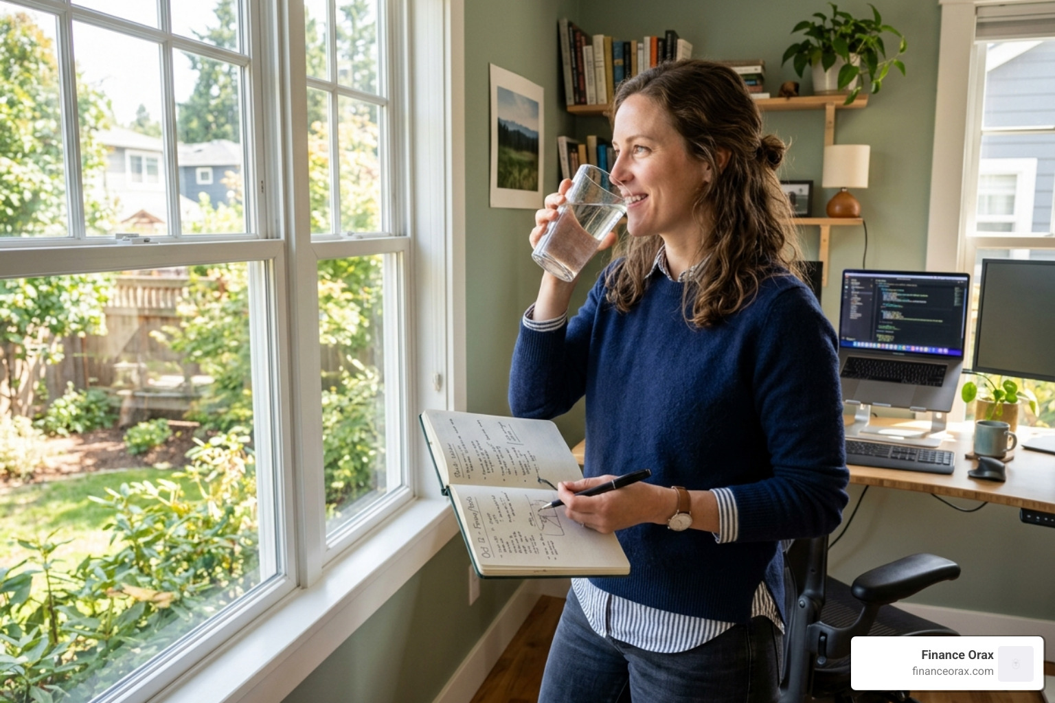 Remote worker practicing a healthy morning routine with water and journaling - daily routine home office