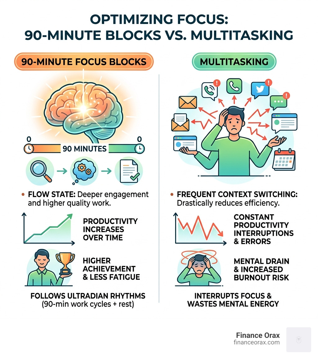 infographic showing the benefits of 90-minute focus blocks vs multitasking - Productive daily routine infographic infographic showing the benefits of 90-minute focus blocks vs multitasking - Productive daily routine infographic