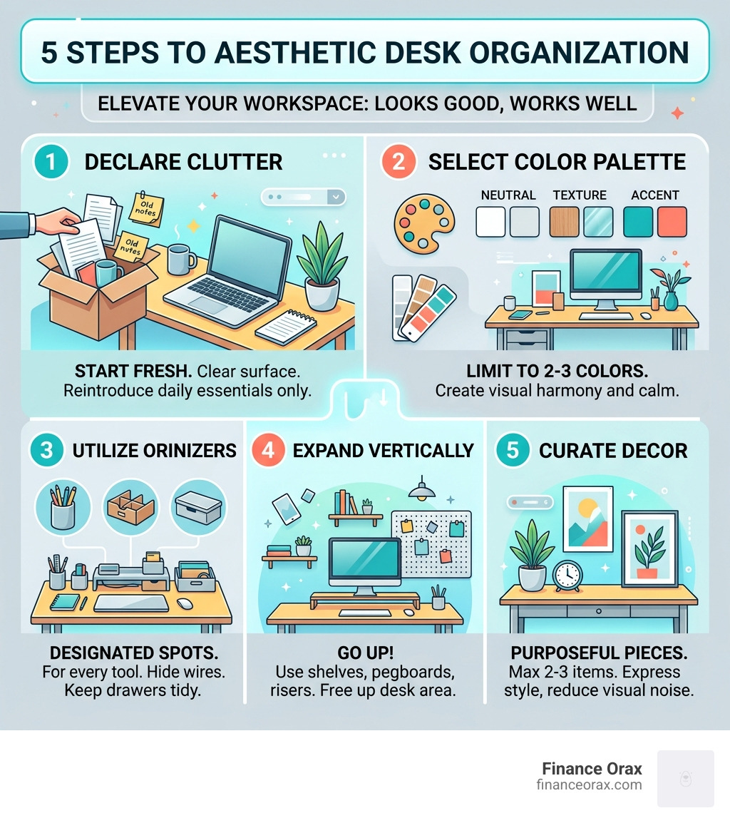 Infographic showing 5 steps to aesthetic desk organization with color palette, tools, and layout tips - aesthetic desk