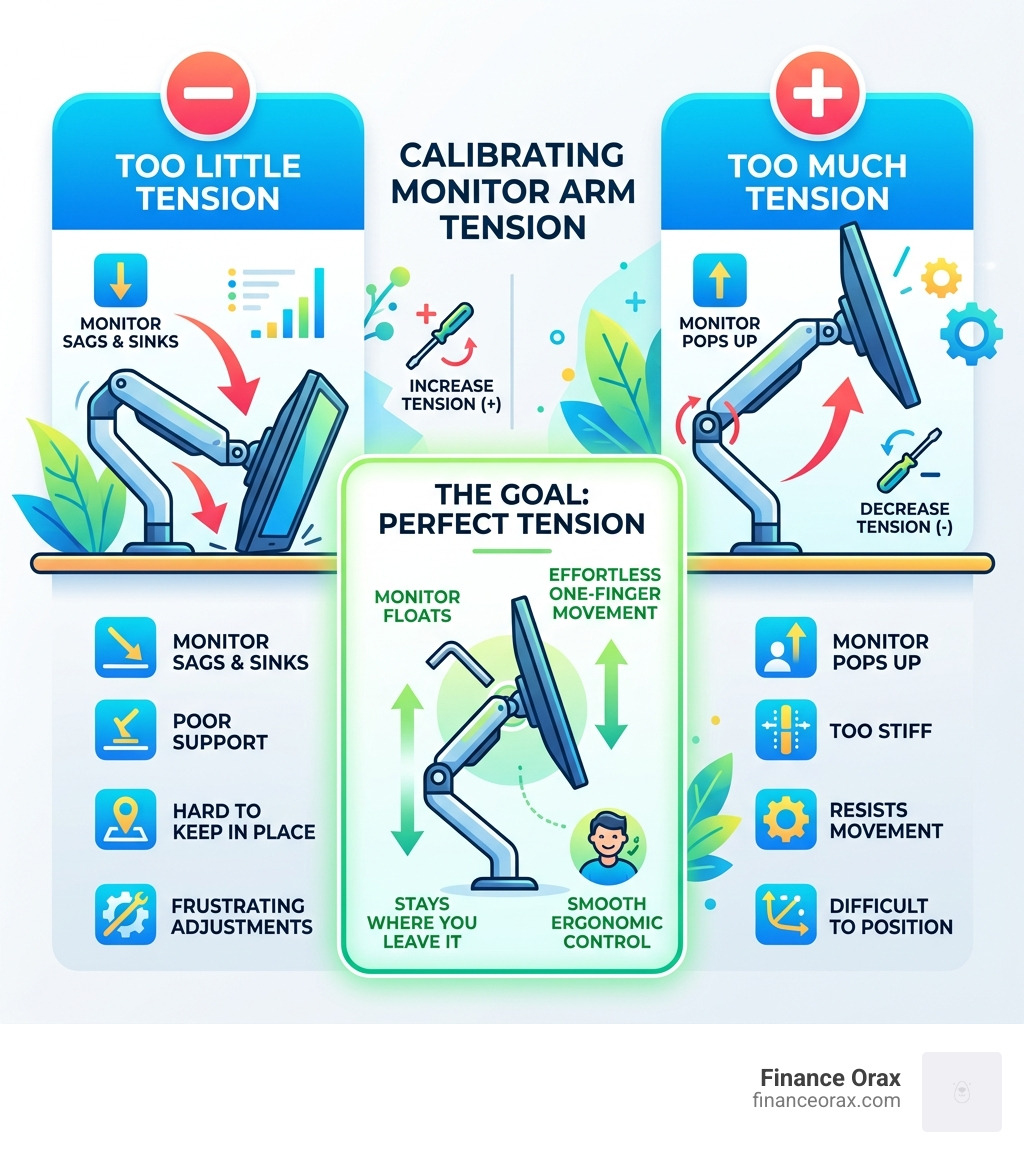 infographic showing the difference between too much and too little tension - adjustable monitor arm setup infographic 