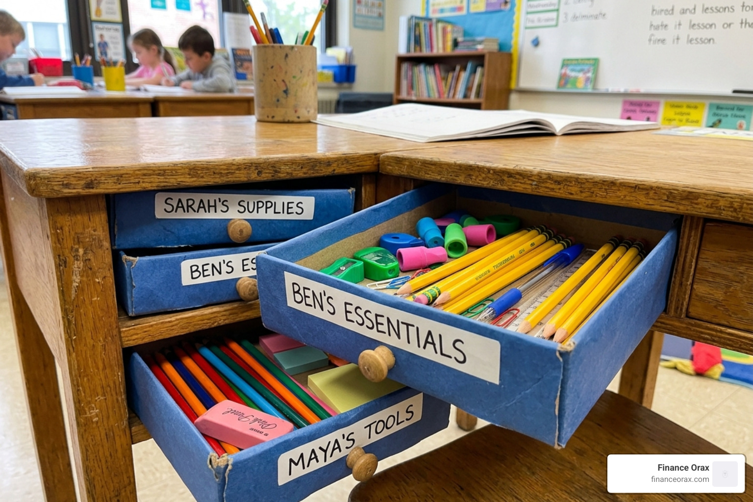 Teacher-made desk drawers using recycled copy paper box lids covered in blue butcher paper - classroom desk organizer