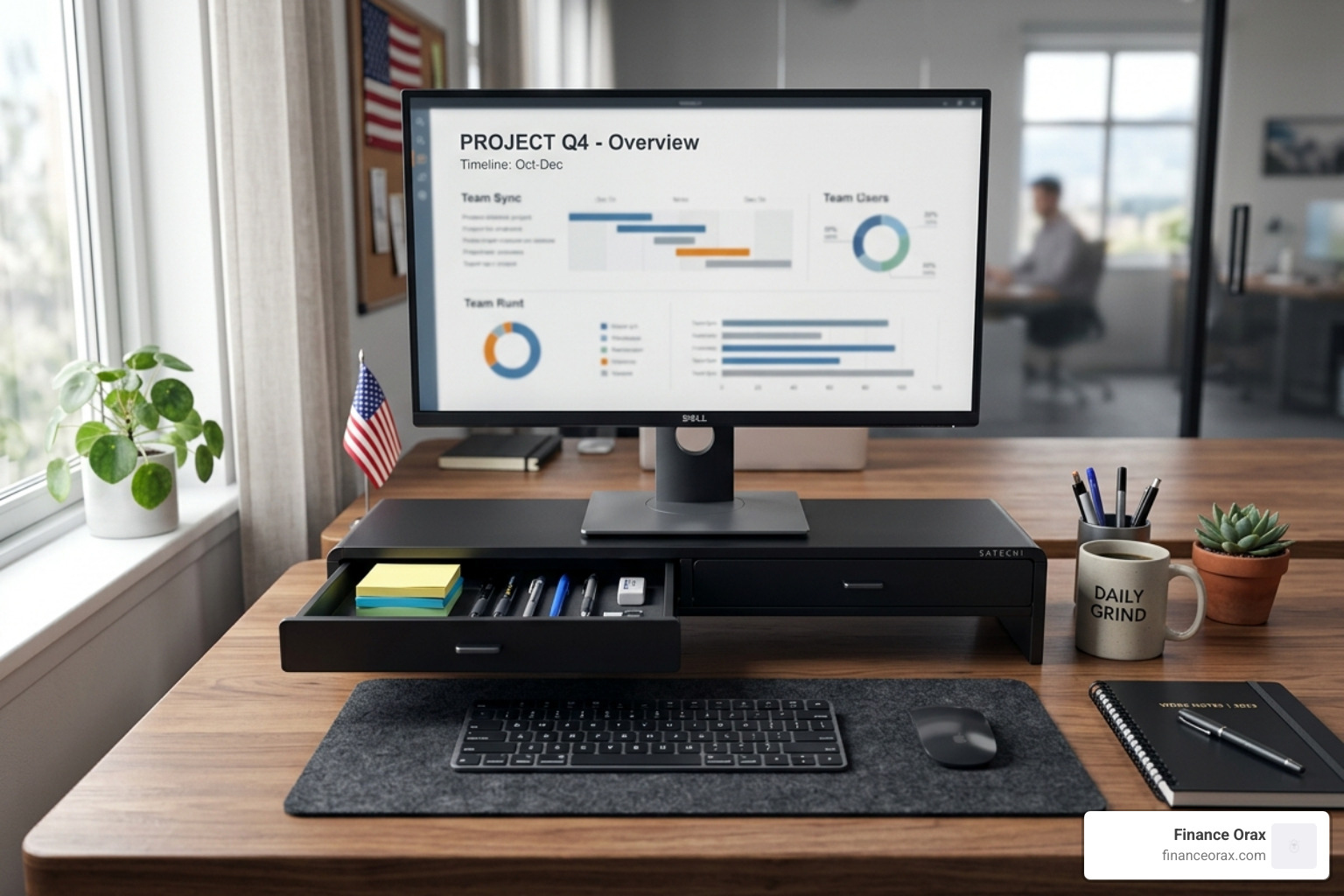Multifunctional desk accessories including a monitor stand with built-in drawers - aesthetic desk organization