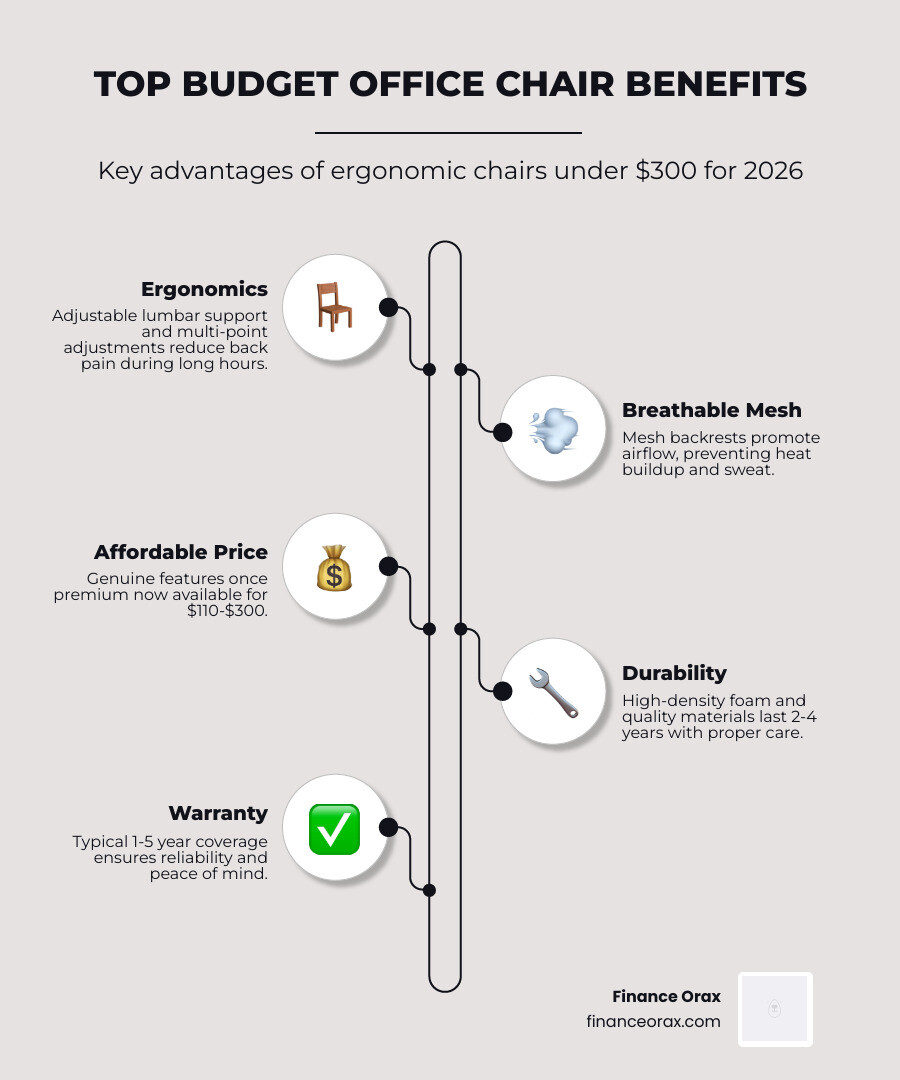infographic explaining the benefits of a proper desk setup for productivity and financial wellness - Budget office chair