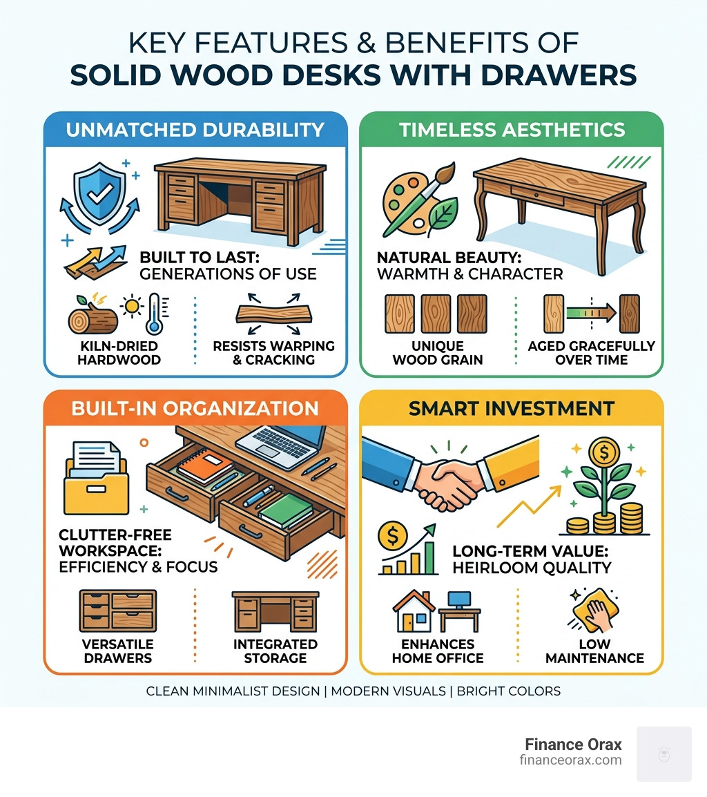 key features and benefits of solid wood desks with drawers infographic - solid wood desk with drawers infographic 