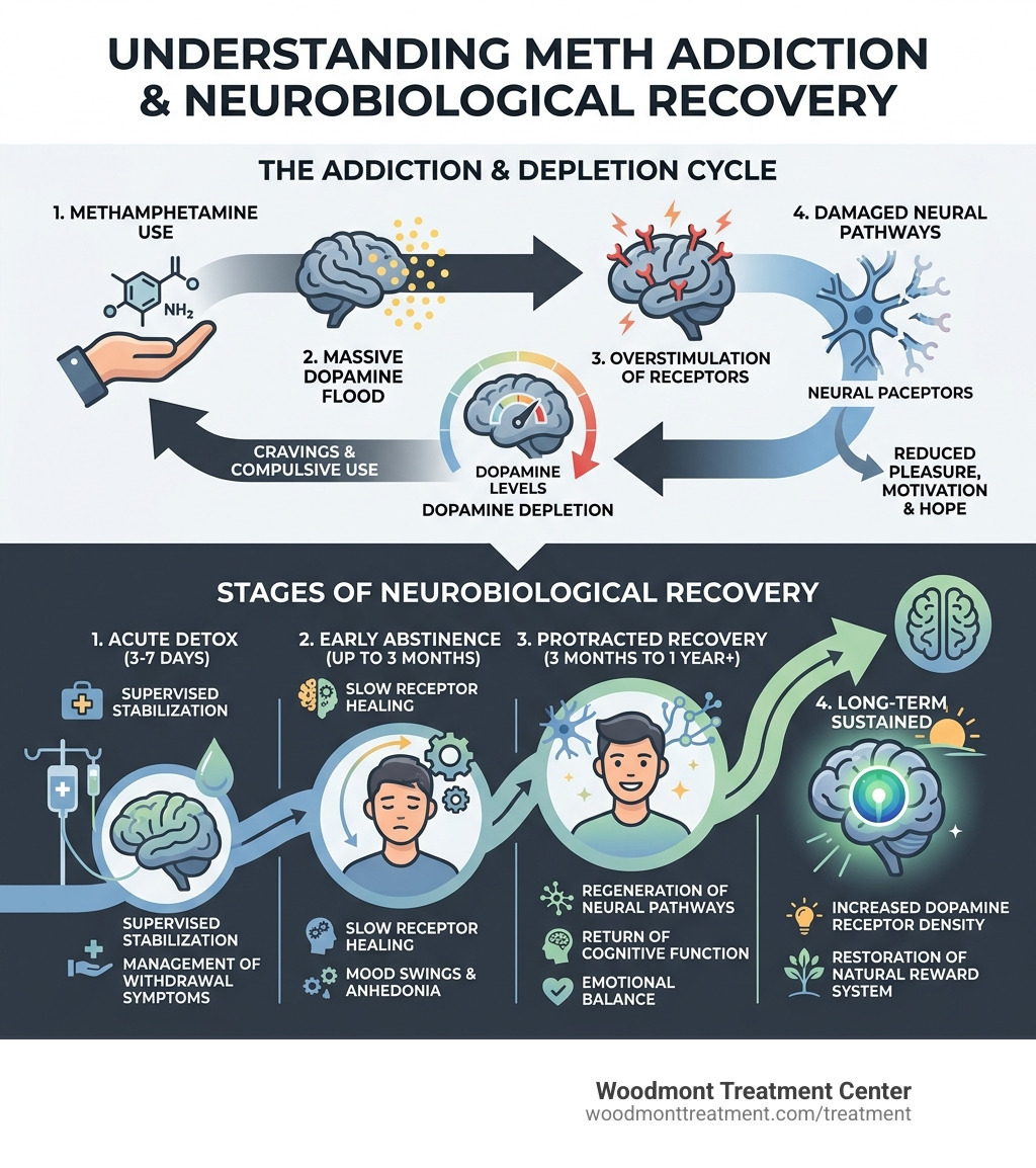 Infographic showing the cycle of stimulant addiction, dopamine depletion, and the stages of neurobiological recovery during