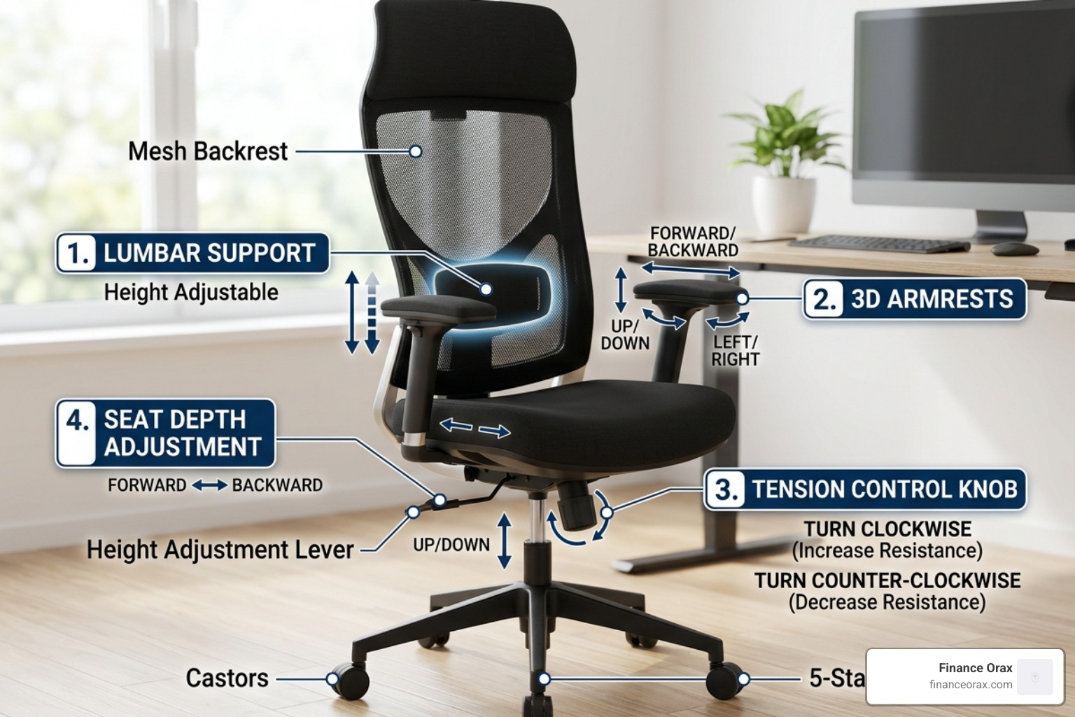 diagram of adjustable chair parts like lumbar support and armrests - Budget office chair
