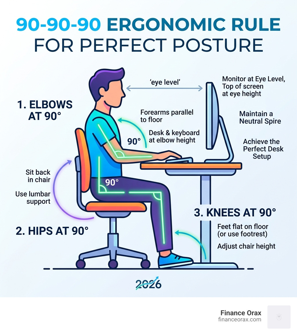 infographic showing the 90-90-90 ergonomic rule for desk setup posture alignment - perfect desk setup infographic 