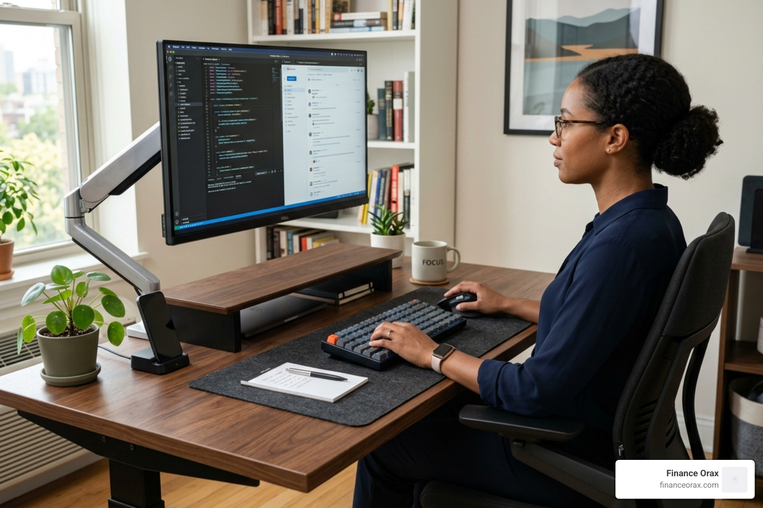 a correctly aligned workstation with ergonomic chair and monitor arm - perfect desk setup