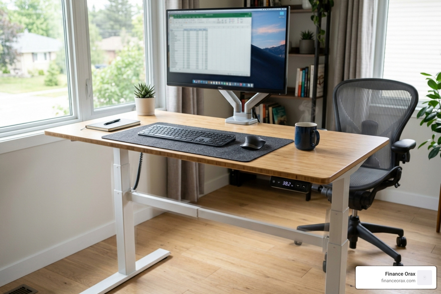 a sit-stand desk in transition between sitting and standing heights - perfect desk setup