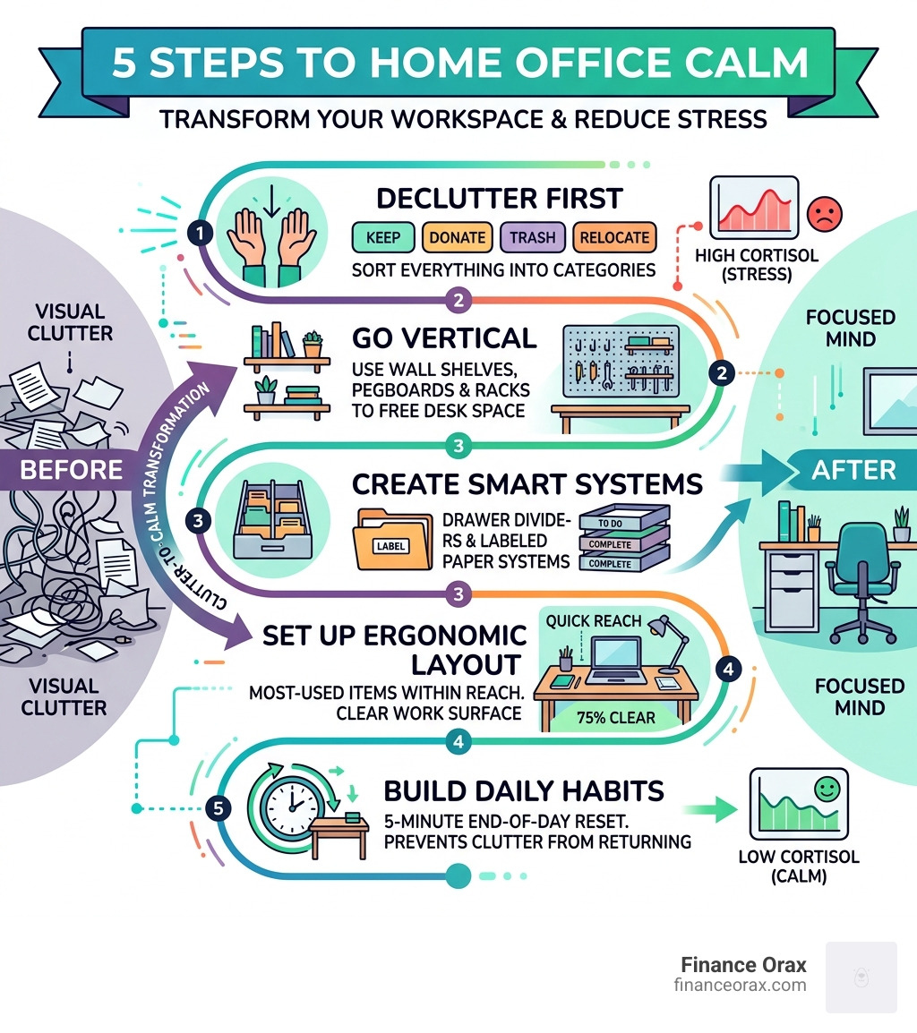 5-step home office organization guide showing clutter-to-calm transformation and cortisol link - home office organization
