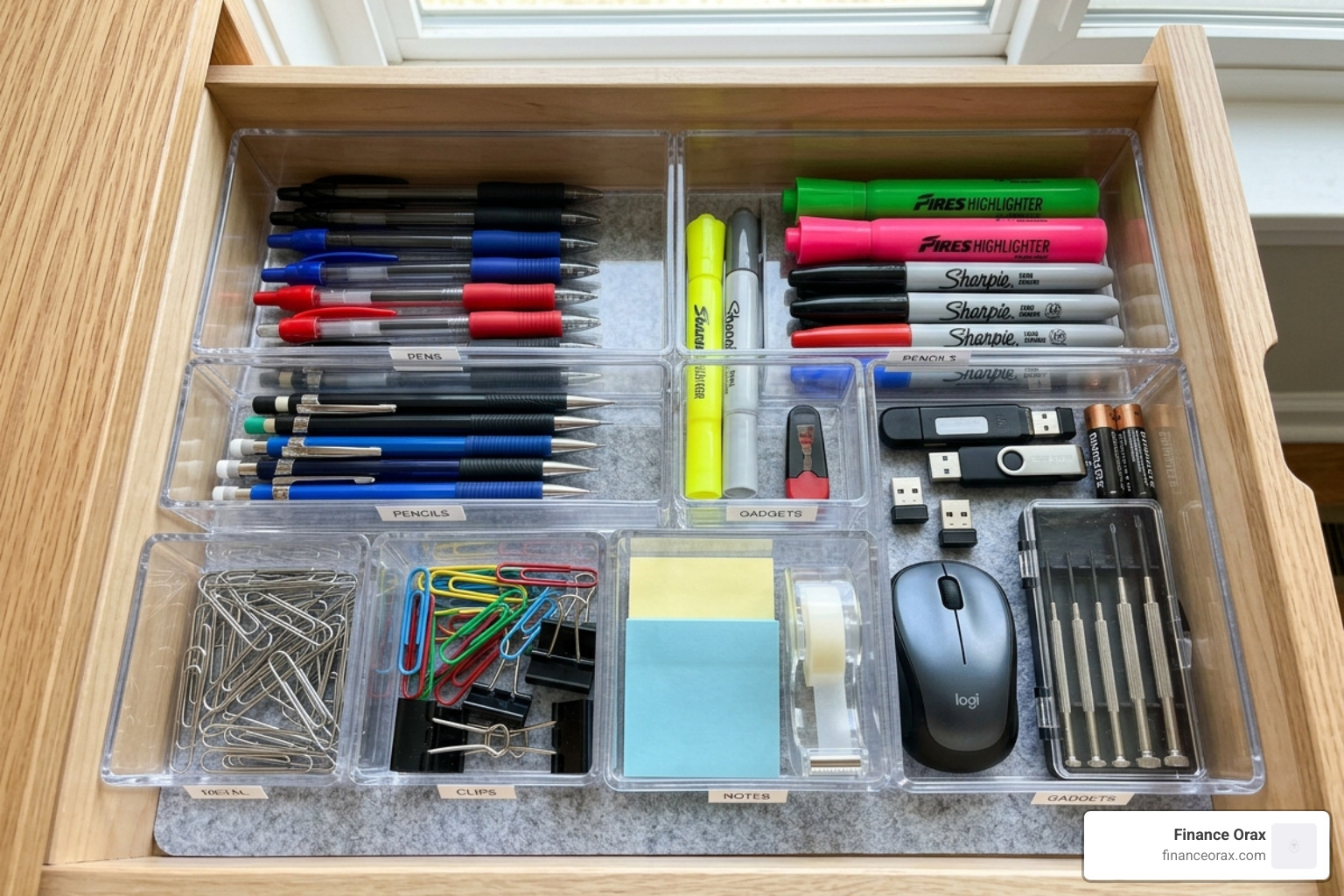 organized desk drawers with clear dividers and labeled sections - home office organization