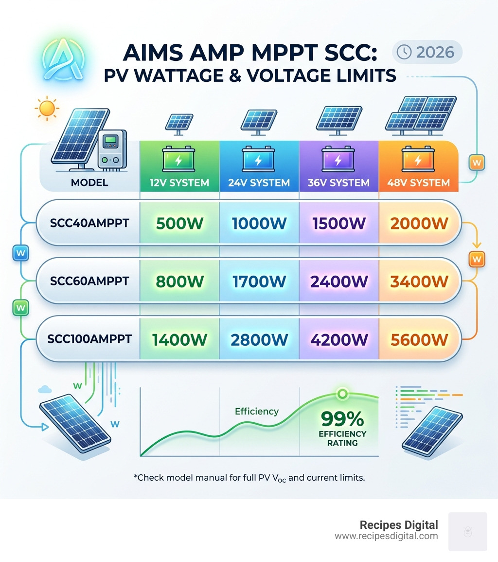 Comparison table of AIMS SCC models by wattage and voltage - aims amp mppt solar charge controller scc infographic 