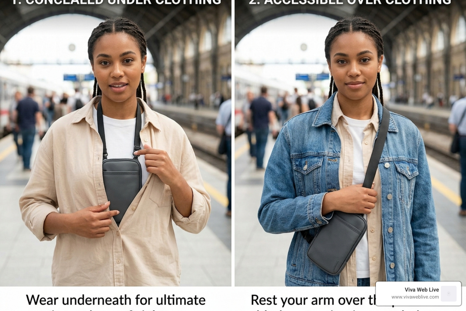 correct way to wear a neck pouch under clothing vs cross-body - Slash resistant neck pouch