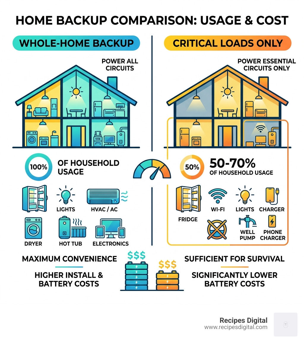 Infographic comparing whole-home backup vs. critical loads only - solar battery storage calculator infographic 