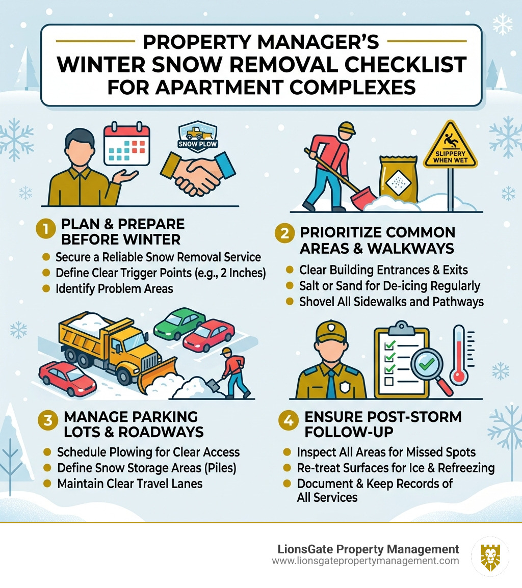 Property manager's winter snow removal checklist for apartment complexes - apartment snow removal service infographic Property manager's winter snow removal checklist for apartment complexes - apartment snow removal service infographic