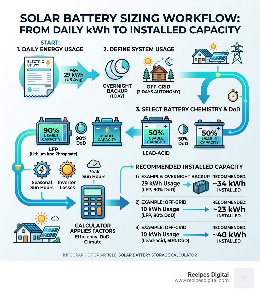 Solar battery sizing workflow from daily kWh to recommended installed capacity - solar battery storage calculator