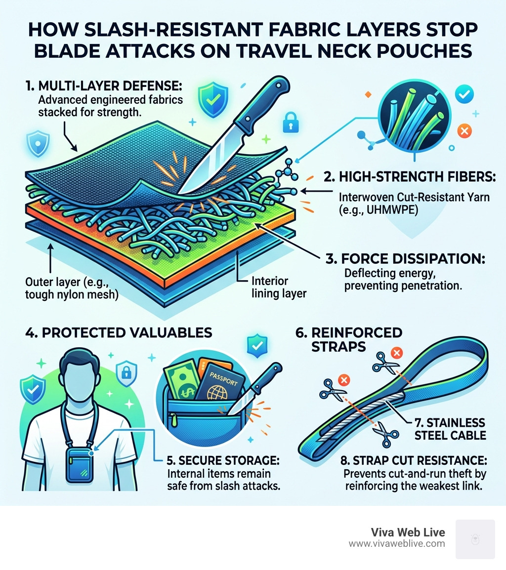 how slash-resistant fabric layers stop blade attacks on travel neck pouches - Slash resistant neck pouch infographic 