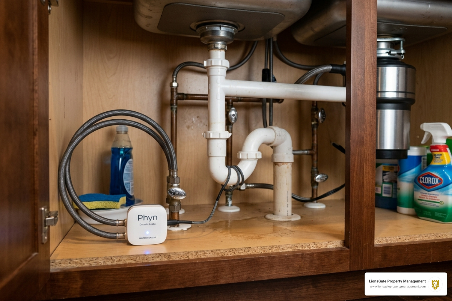 A smart leak sensor installed under a kitchen sink to prevent water damage - proactive maintenance property manager