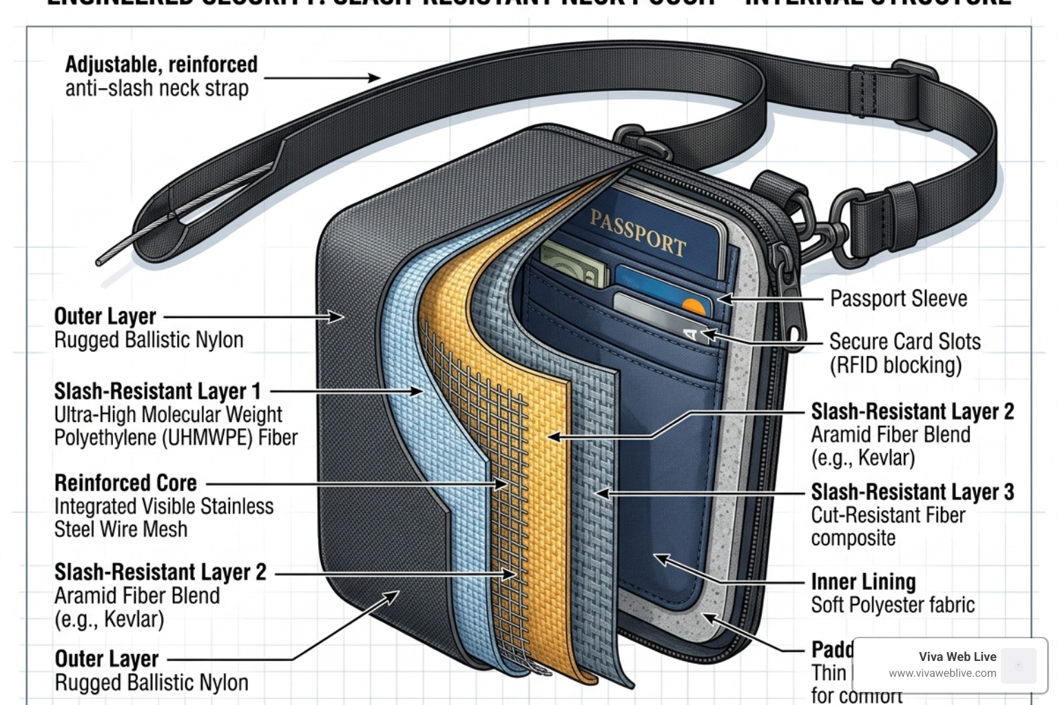 internal wire mesh and cut-resistant layers in a neck pouch - Slash resistant neck pouch