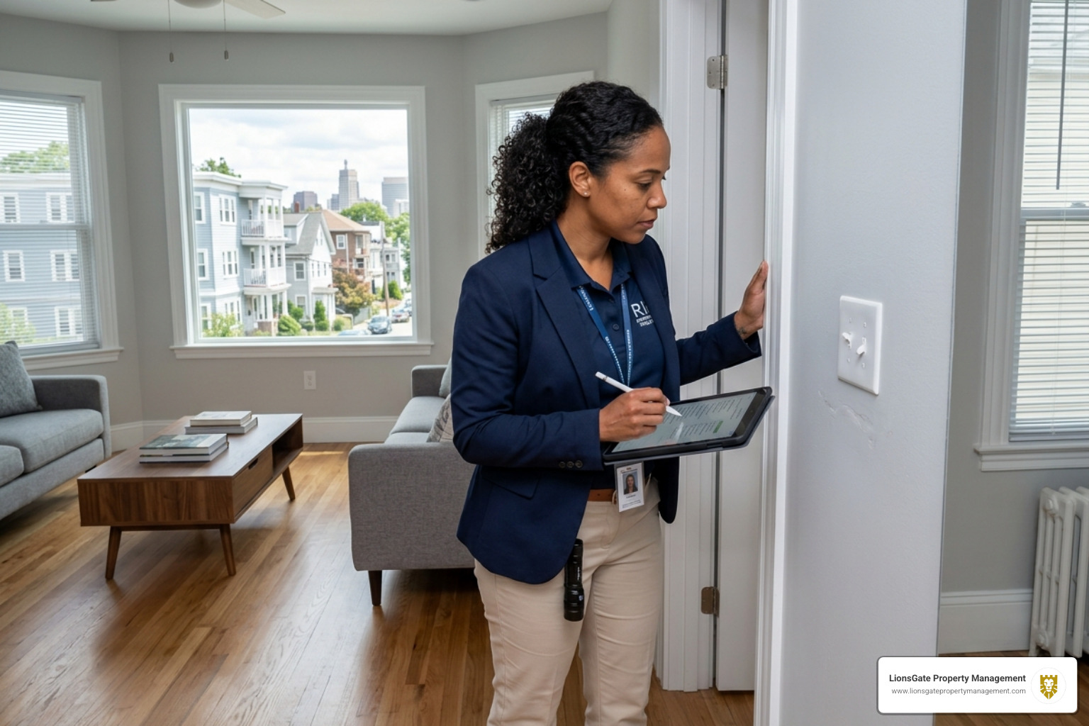 A property manager conducting a routine inspection on a Providence multi-family home - providence ri rental manager A property manager conducting a routine inspection on a Providence multi-family home - providence ri rental manager