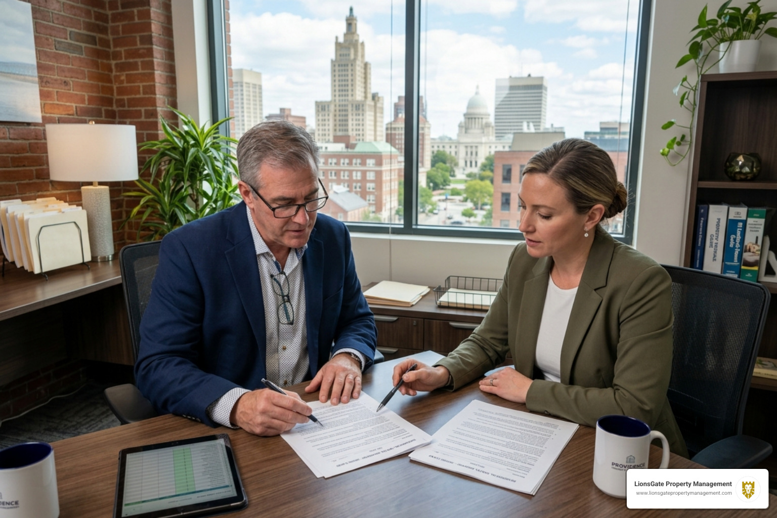 A landlord in Rhode Island carefully reviewing a rental contract with a professional manager - guaranteed rent scheme A landlord in Rhode Island carefully reviewing a rental contract with a professional manager - guaranteed rent scheme