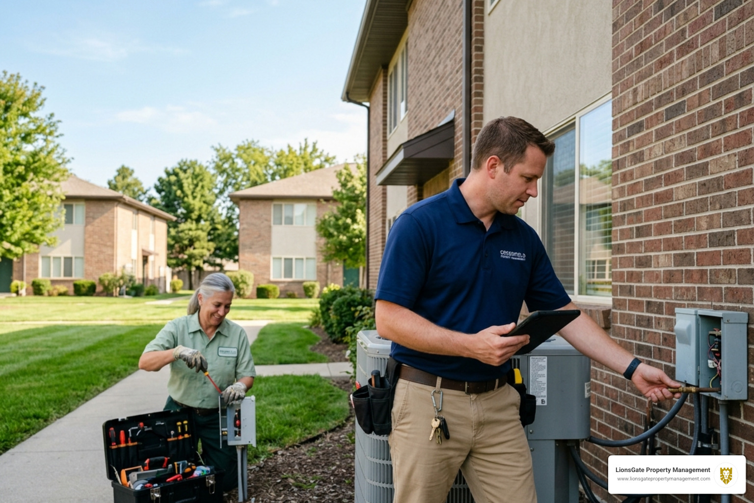 Property manager shaking hands with a satisfied landlord in front of a renovated Warwick rental - proactive maintenance