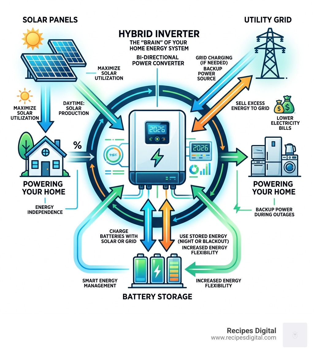 Infographic showing hybrid inverter energy flow between solar panels, battery storage, and the utility grid - hybrid solar