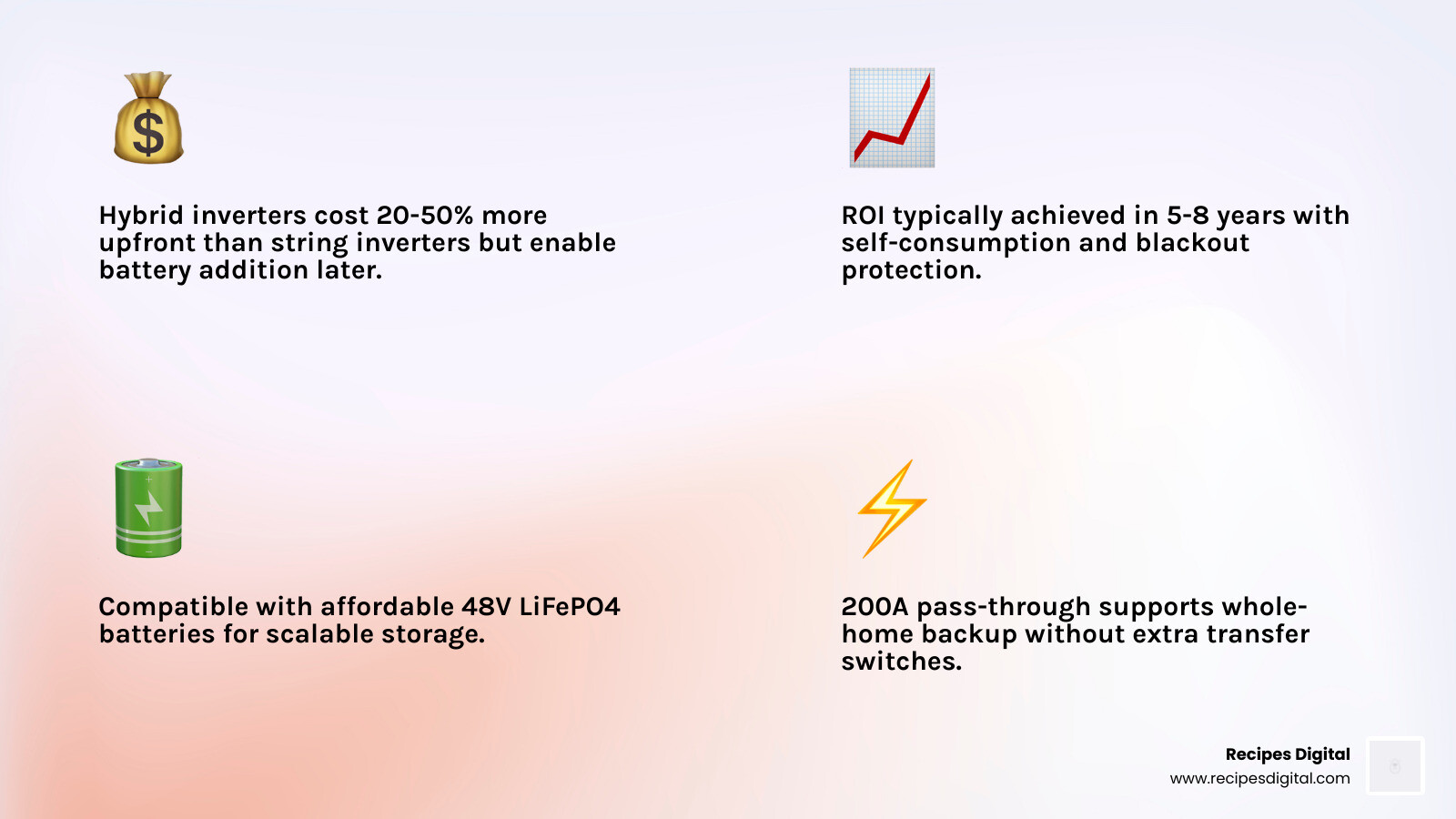 Infographic showing the ROI and cost breakdown of hybrid solar systems vs traditional systems - hybrid solar power inverter