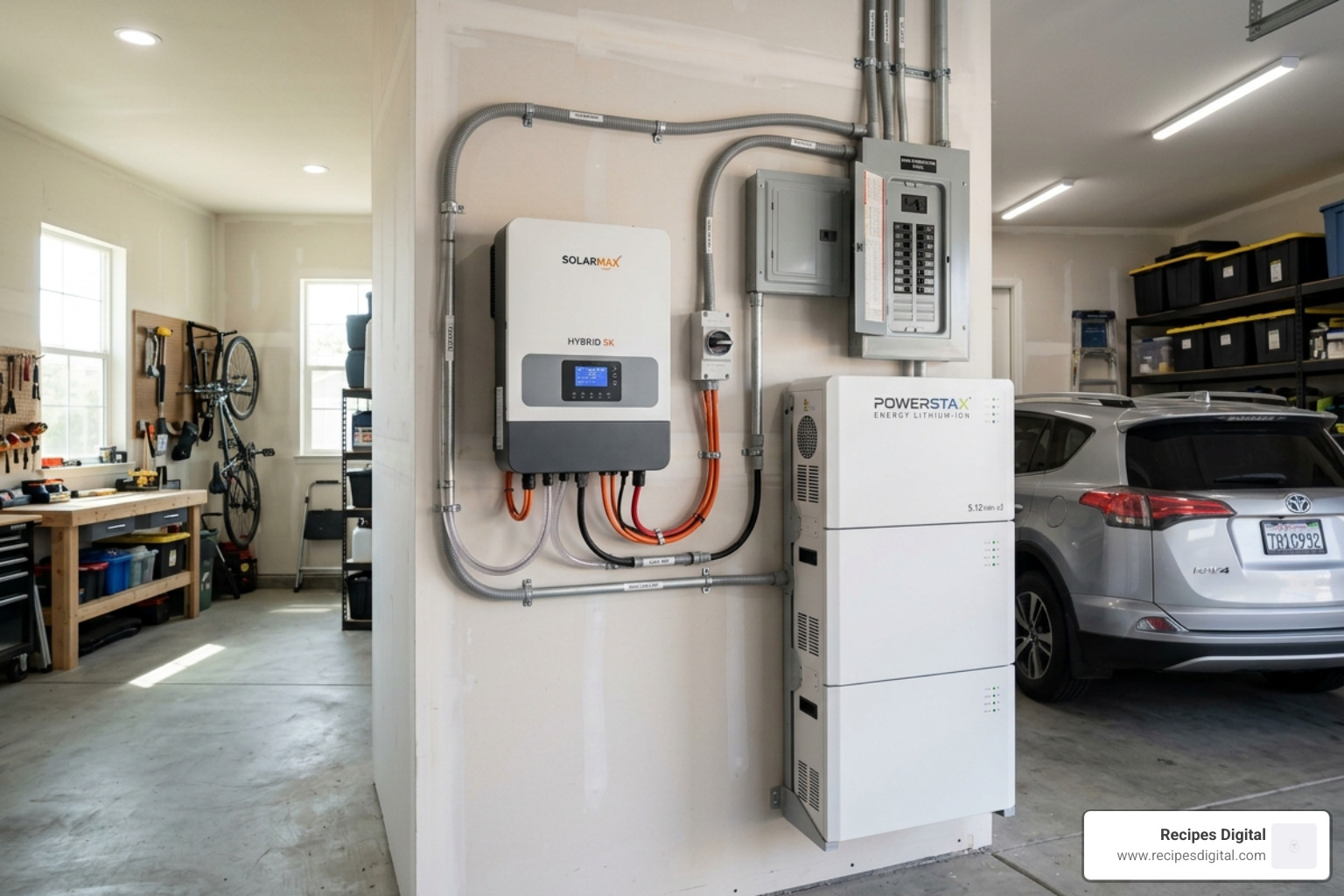 A modern hybrid inverter installed in a home garage next to a lithium battery bank - hybrid solar power inverter