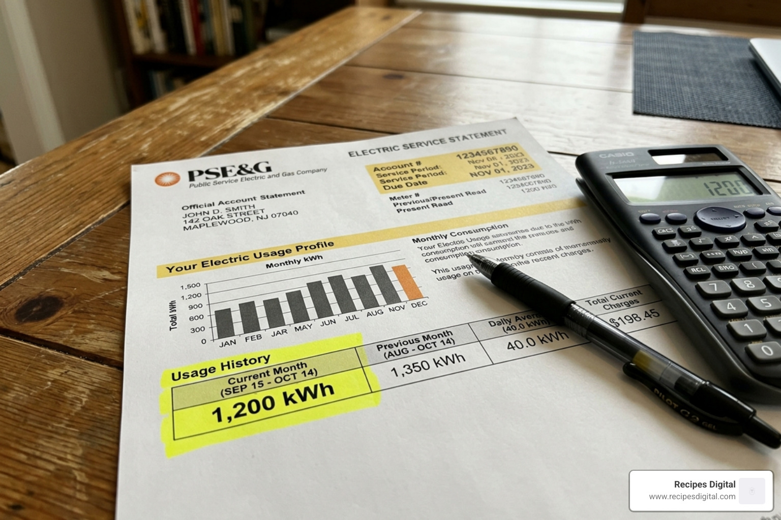 Electric bill highlighting monthly kWh usage for data entry - solar battery storage calculator