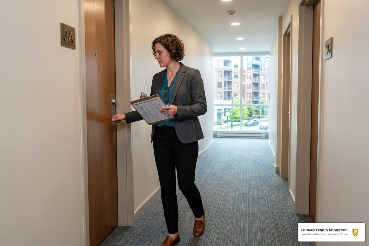 Property manager conducting a walk-through of a multi-unit building - rental management small apartments Property manager conducting a walk-through of a multi-unit building - rental management small apartments