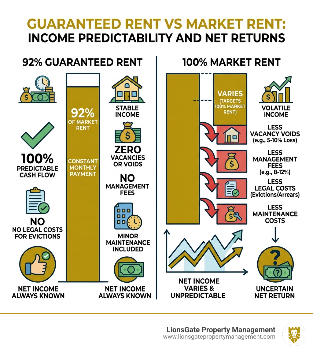 Infographic showing 92% guaranteed rent vs 100% market rent with voids and fees - guaranteed rent infographic Infographic showing 92% guaranteed rent vs 100% market rent with voids and fees - guaranteed rent infographic
