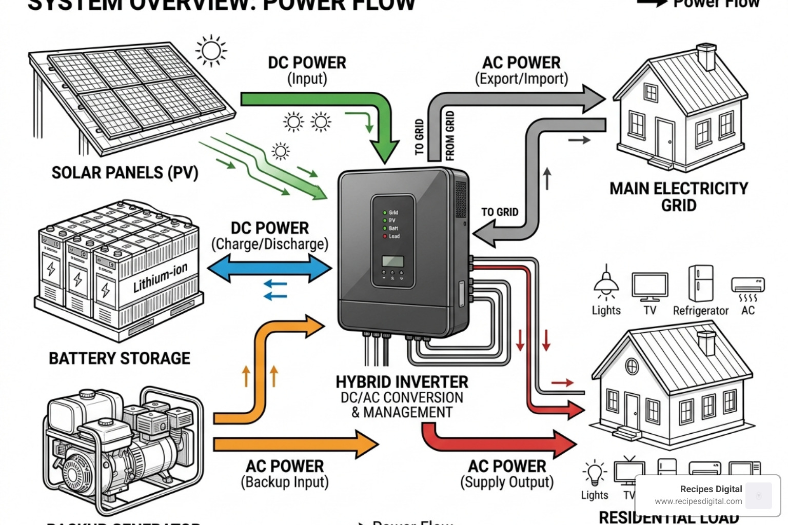 Diagram showing solar, battery, and generator inputs - hybrid inverter off grid