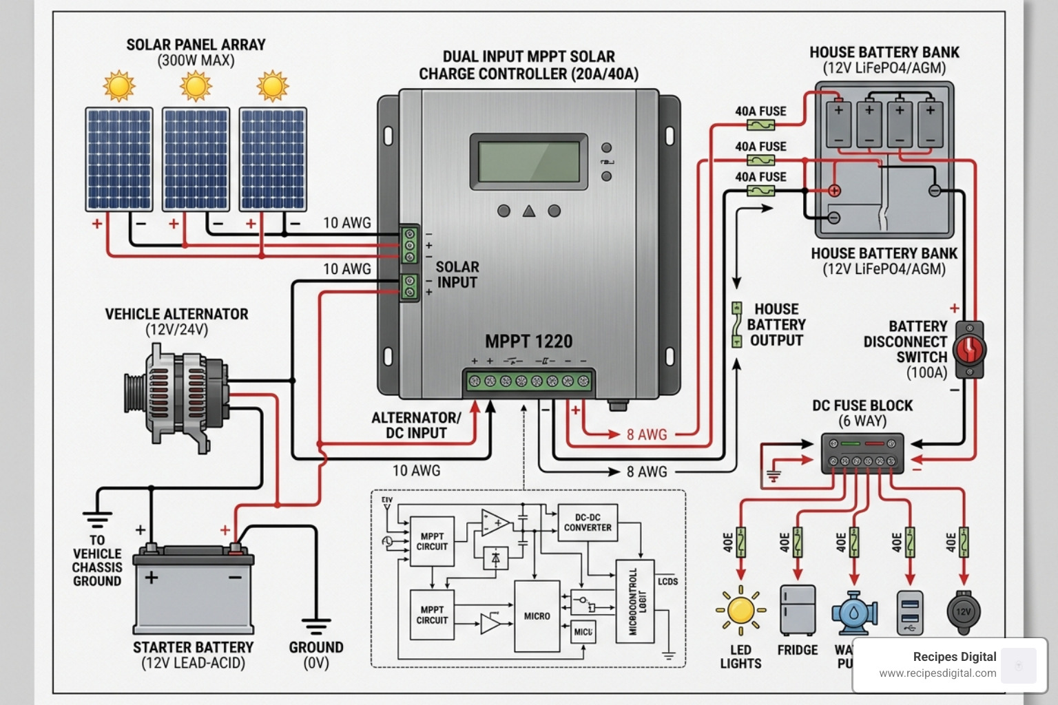 A professional wiring diagram for a dual input MPPT controller showing solar and alternator connections - dual input mppt