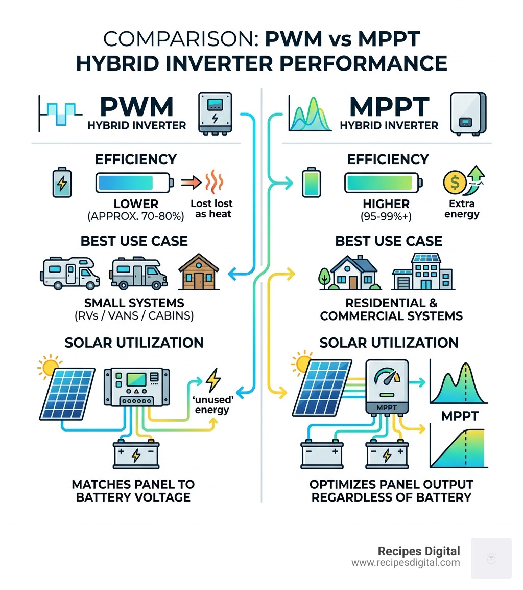 Comparison of PWM vs MPPT hybrid inverter performance - hybrid inverter off grid infographic 