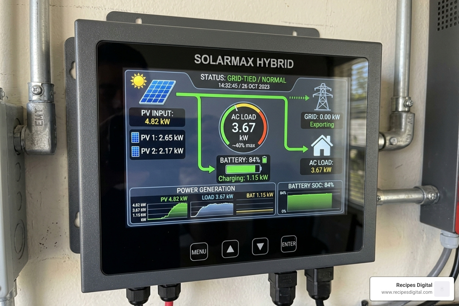 Digital display on a hybrid inverter showing power flow - hybrid inverter off grid