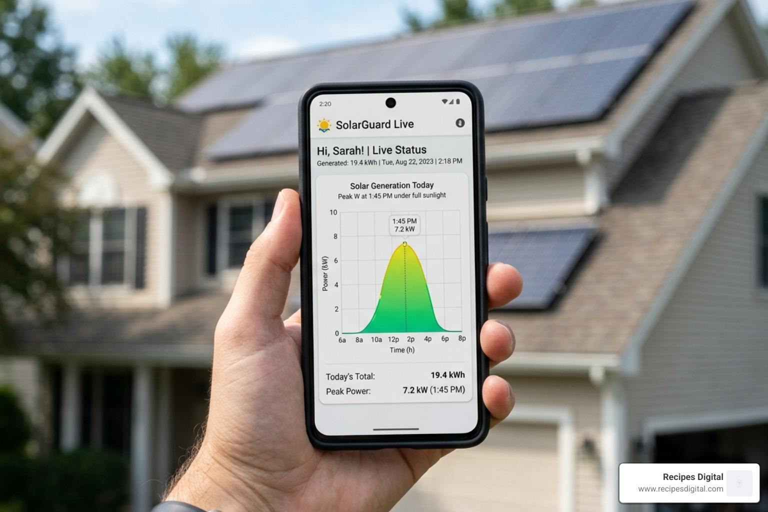 Smartphone app showing high daily solar energy production peaks - 5kw solar system without battery