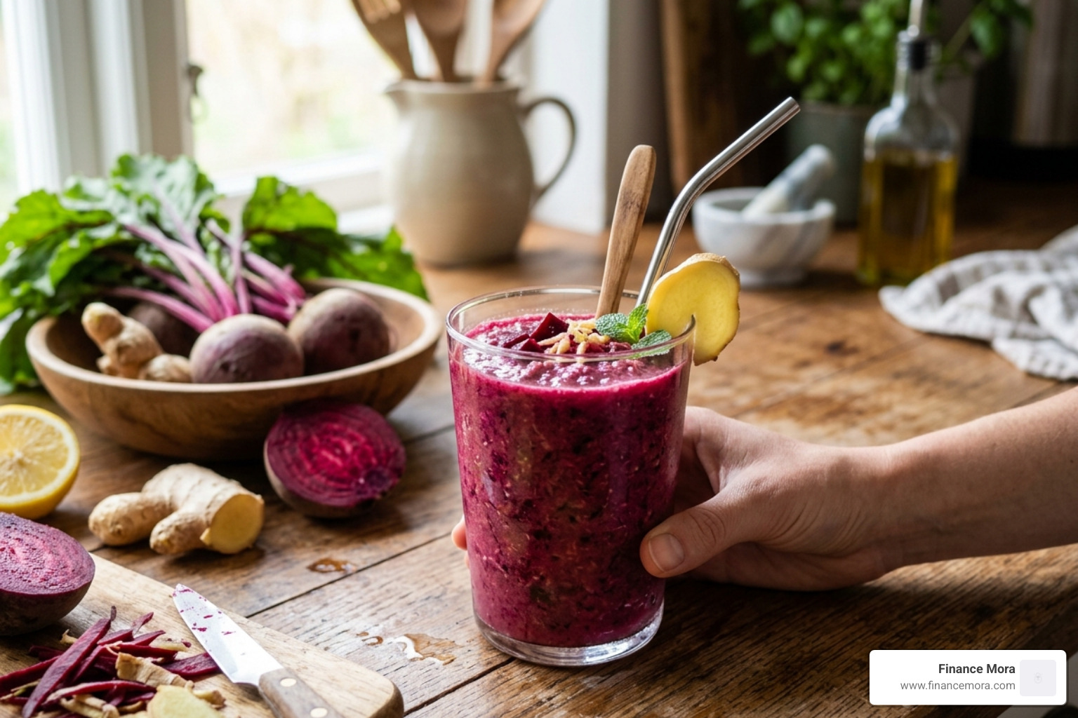 Fresh beet and ginger smoothie on a kitchen counter - blood pressure low cholesterol drinks Fresh beet and ginger smoothie on a kitchen counter - blood pressure low cholesterol drinks