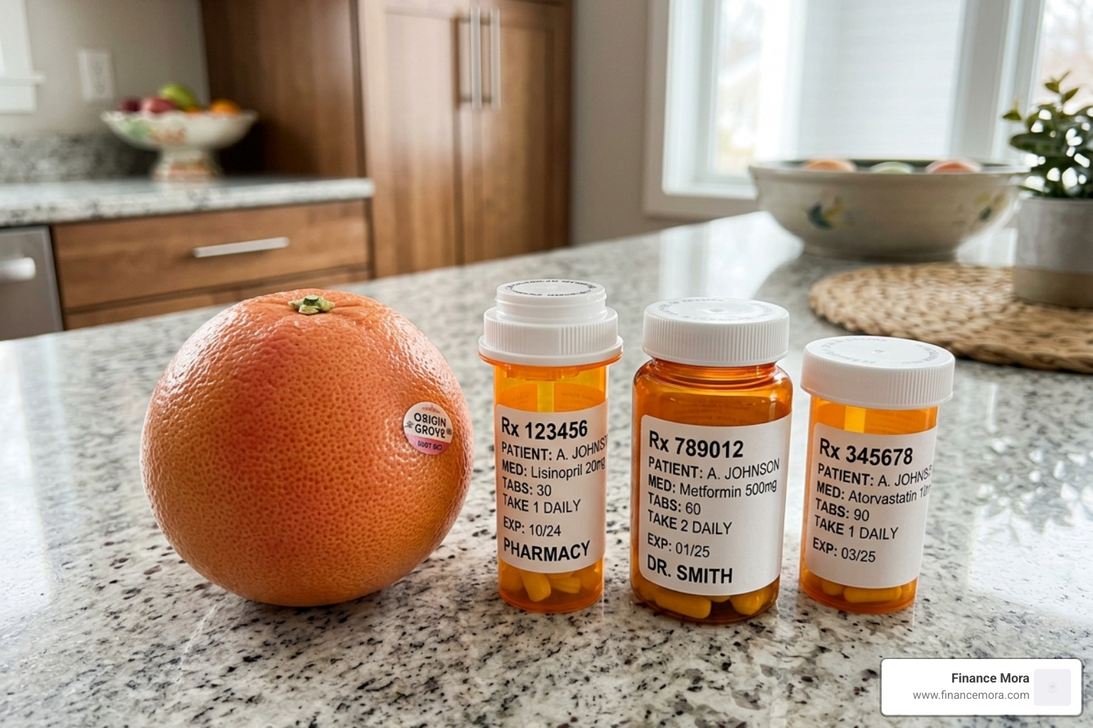 Grapefruit next to prescription medication bottles - blood pressure low cholesterol drinks Grapefruit next to prescription medication bottles - blood pressure low cholesterol drinks
