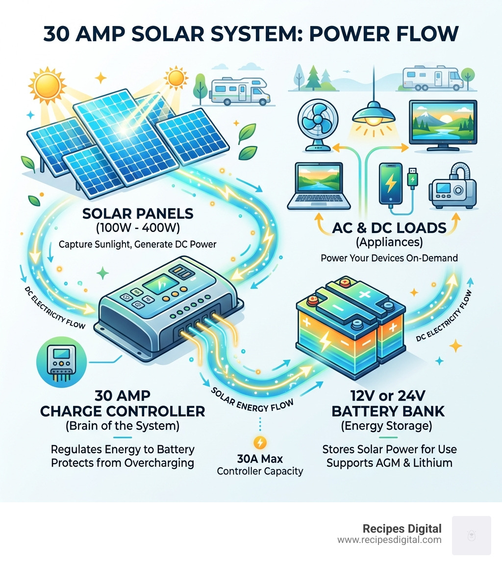 Infographic showing how a 30 amp solar system works: panels to controller to battery to load - 30 amp solar panel kit