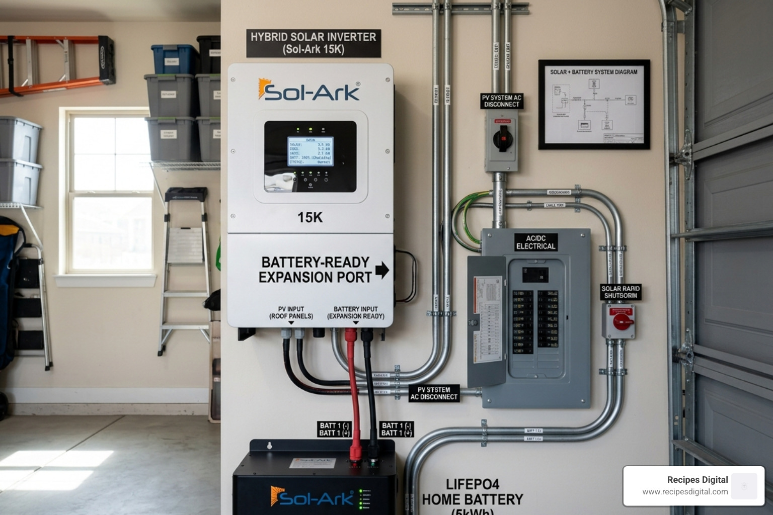 Hybrid inverter installed on a garage wall, ready for future battery expansion - 5kw solar system without battery