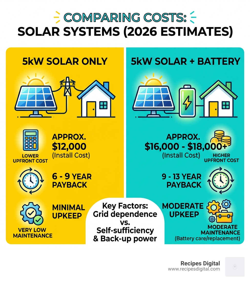 Table comparing costs of solar-only vs solar + battery systems - 5kw solar system without battery infographic 