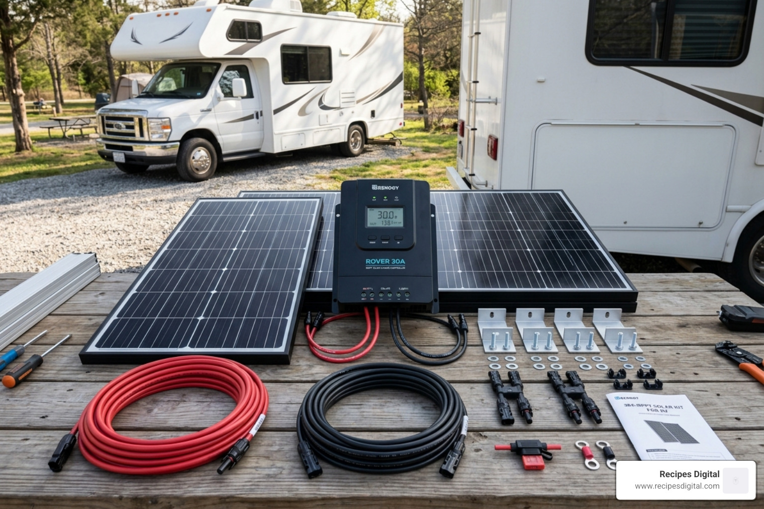 Solar panel kit components laid out: panels, controller, wires, and brackets - 30 amp solar panel kit